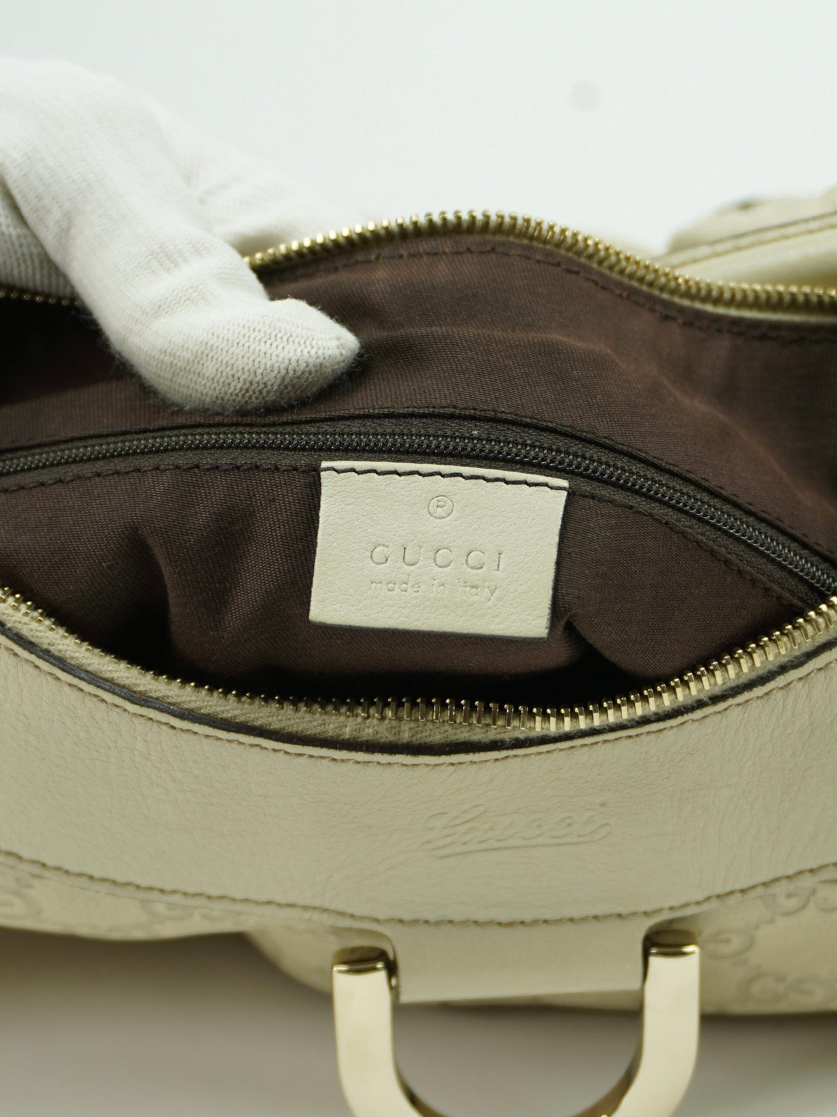 GUCCI LEATHER EMBOSSED MONOGRAM ABBEY BAG
