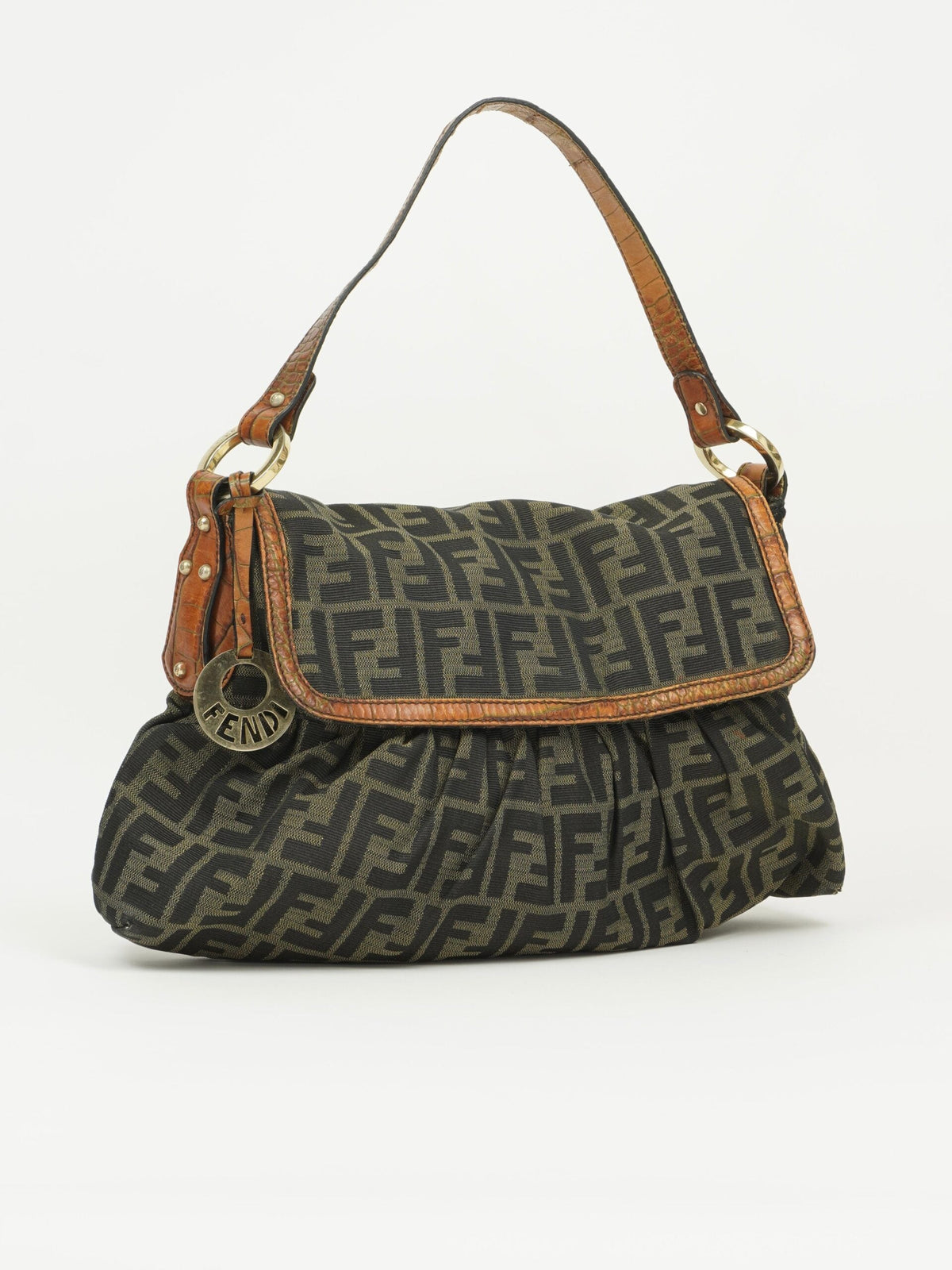 FENDI ZUCCA SHOULDER BAG WITH CROCODILE EMBOSSED TRIM