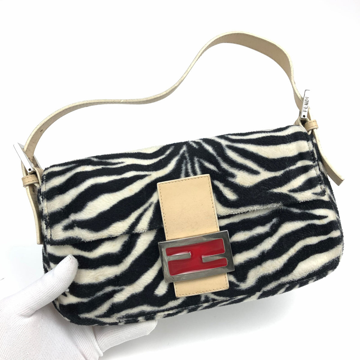 FENDI FLUFFY ZEBRA BAGUETTE SHOULDER BAG