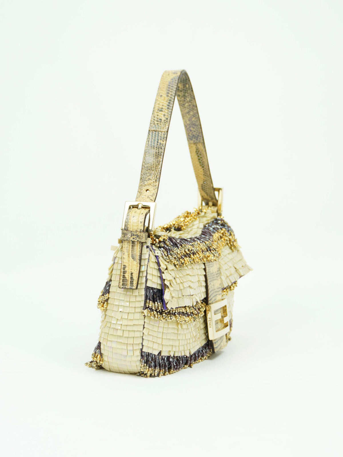 FENDI MOTHER OF PEARL BEADED BAGUETTE WITH LIZARD TRIM