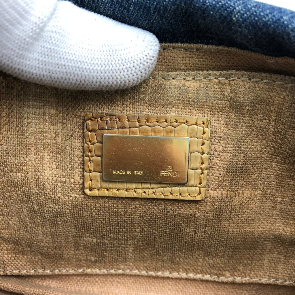 FENDI DENIM BAGUETTE BAG WITH EXOTIC LIZARD DETAILING