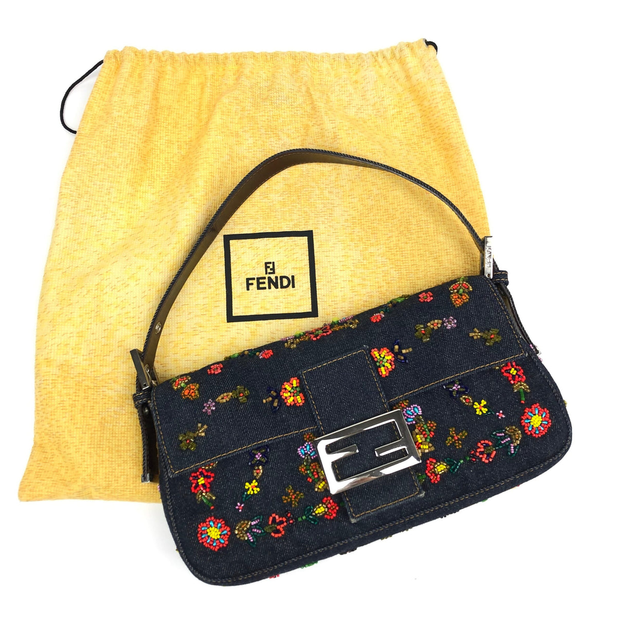 FENDI DENIM FLORAL BEADED BAGUETTE BAG