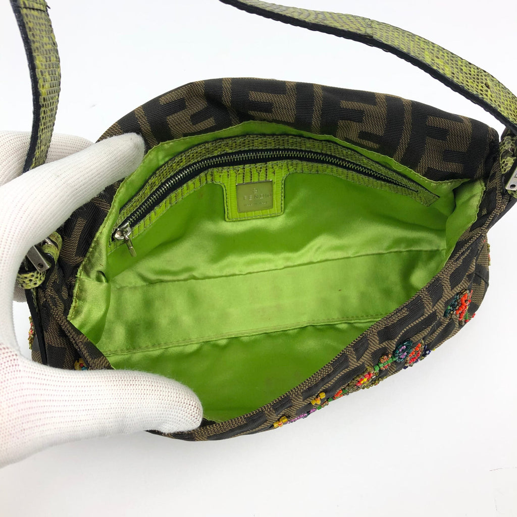 FENDI ZUCCA FLORAL BEADED BAGUETTE BAG WITH EXOTIC LIZARD DETAILING