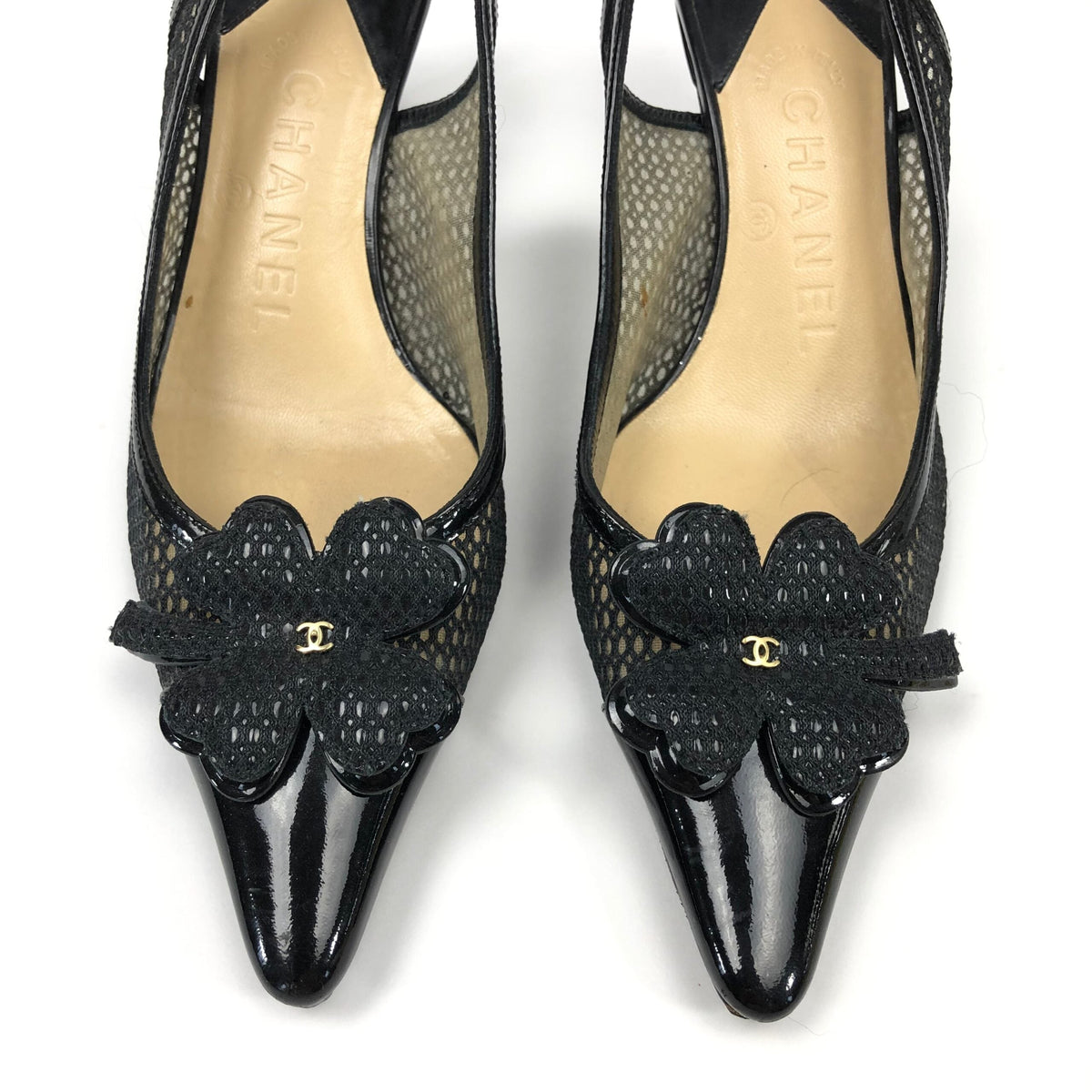 CHANEL LOGO SLING-BACK MULE HEELS