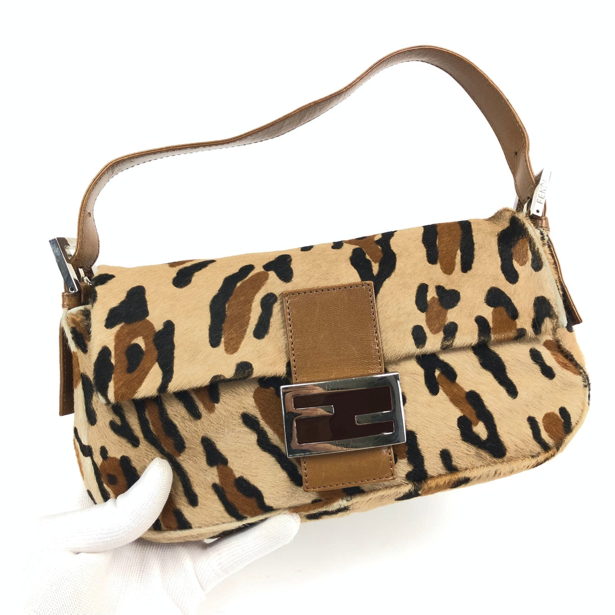 FENDI LEOPARD CALF HAIR BAGUETTE SHOULDER BAG