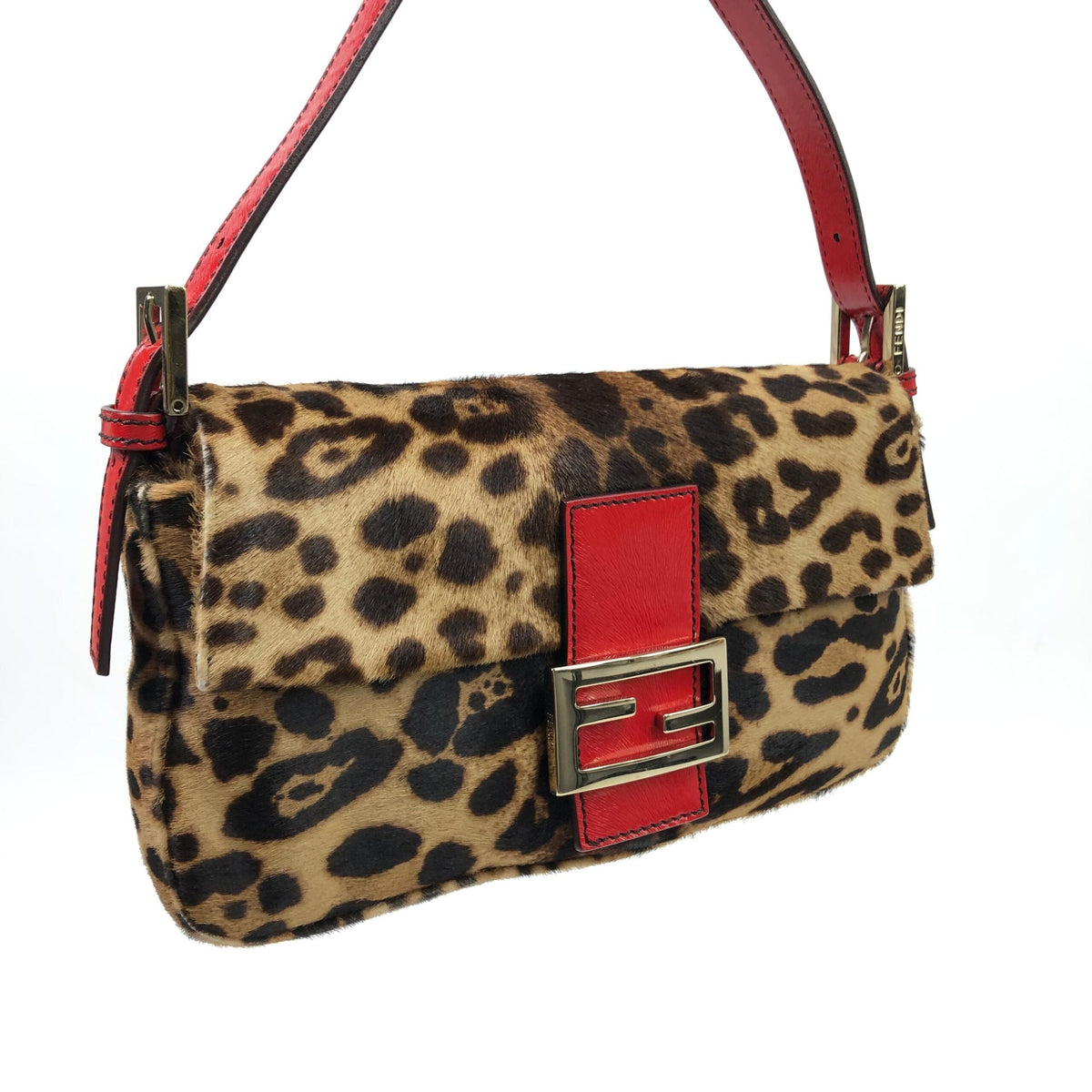 FENDI LEOPARD PONY HAIR BAGUETTE SHOULDER BAG