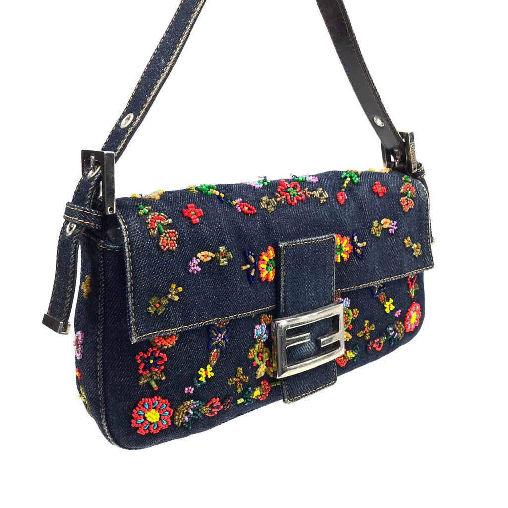 FENDI DENIM BEADED BAGUETTE BAG