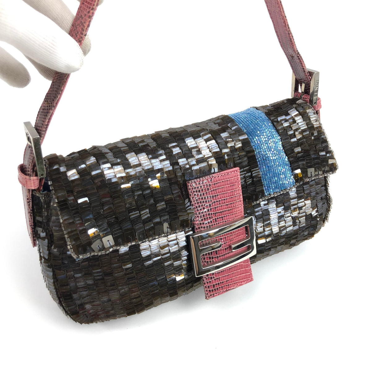 FENDI BEADED BAGUETTE BAG WITH EXOTIC LIZARD LEATHER DETAILING