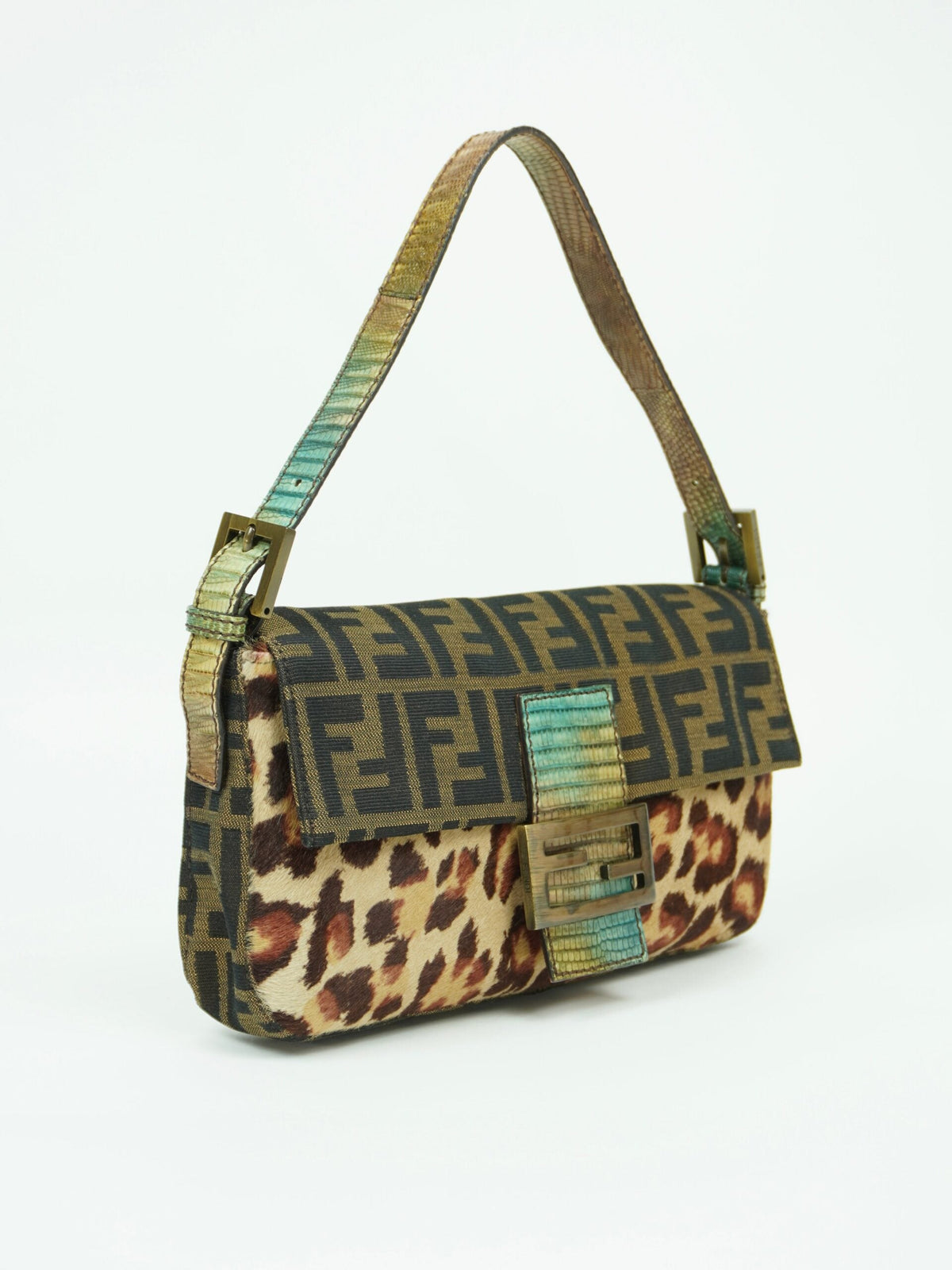 FENDI LEOPARD CALF HAIR ZUCCA BAGUETTE WITH EXOTIC LIZARD DETAILING