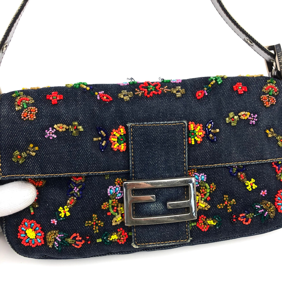 FENDI DENIM BEADED BAGUETTE BAG