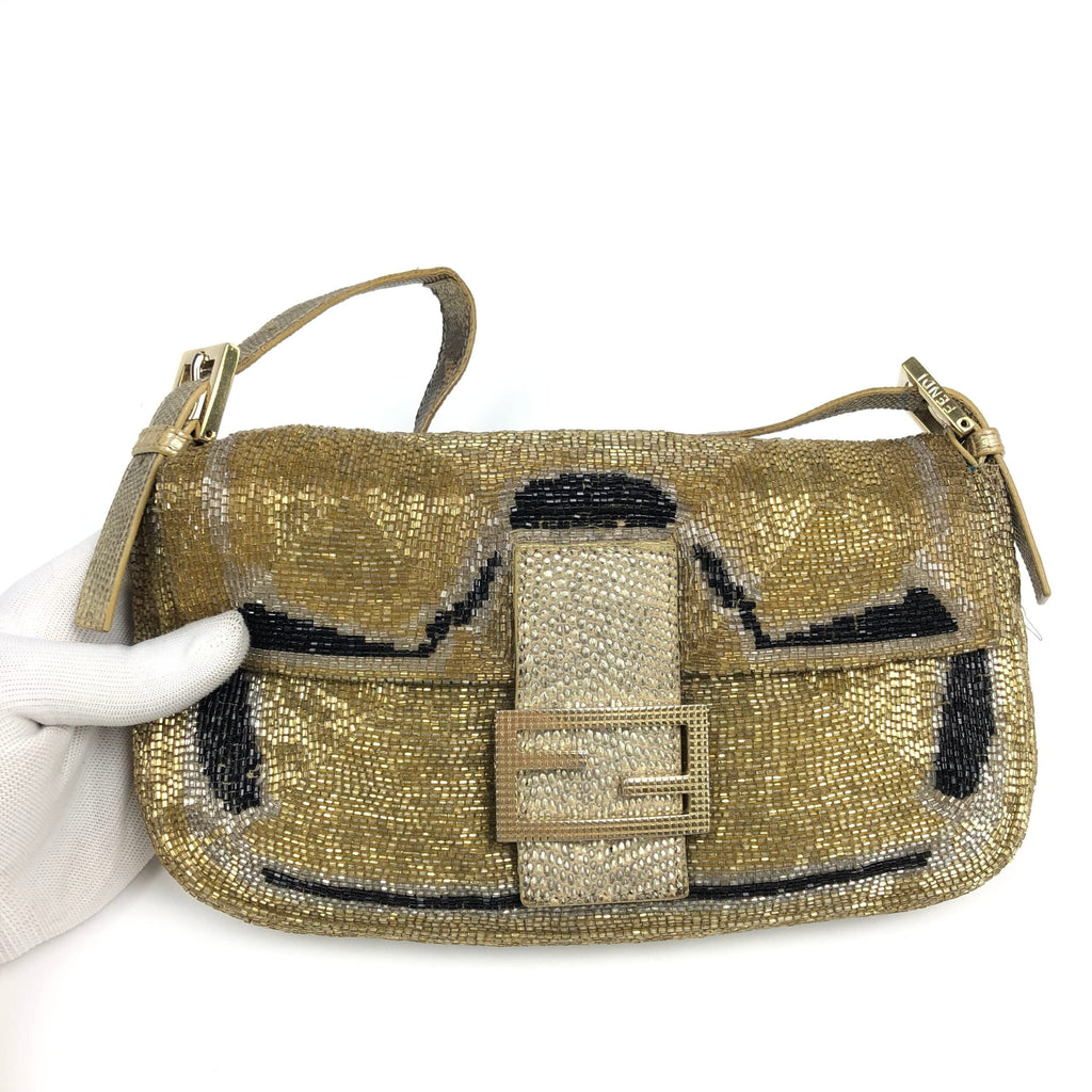 FENDI BEADED GOLD BAGUETTE BAG
