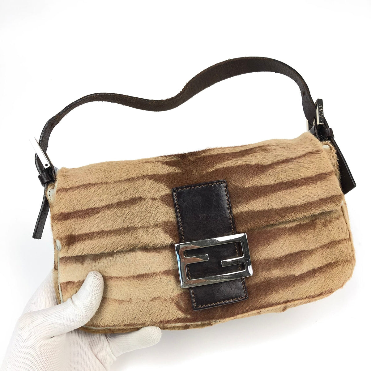 FENDI CALF HAIR BAGUETTE SHOULDER BAG