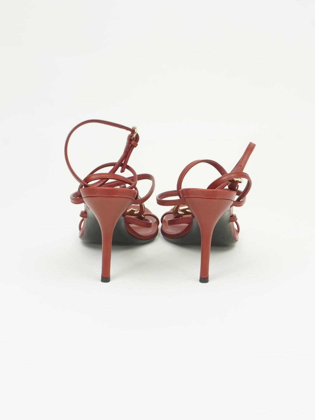 GUCCI RED LEATHER INTERLOCKING G STRAPPY HEELS