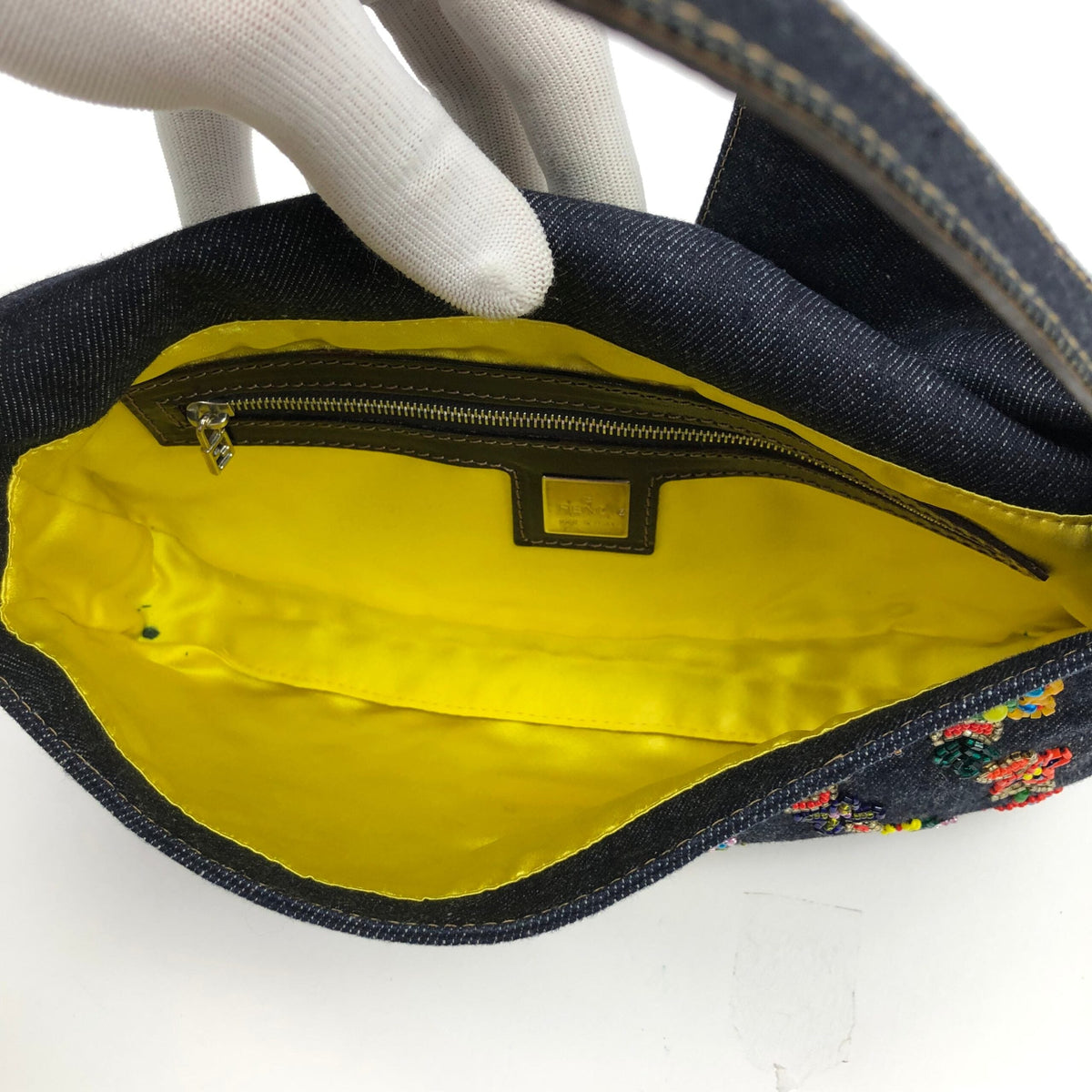 FENDI DENIM FLORAL BEADED BAGUETTE BAG