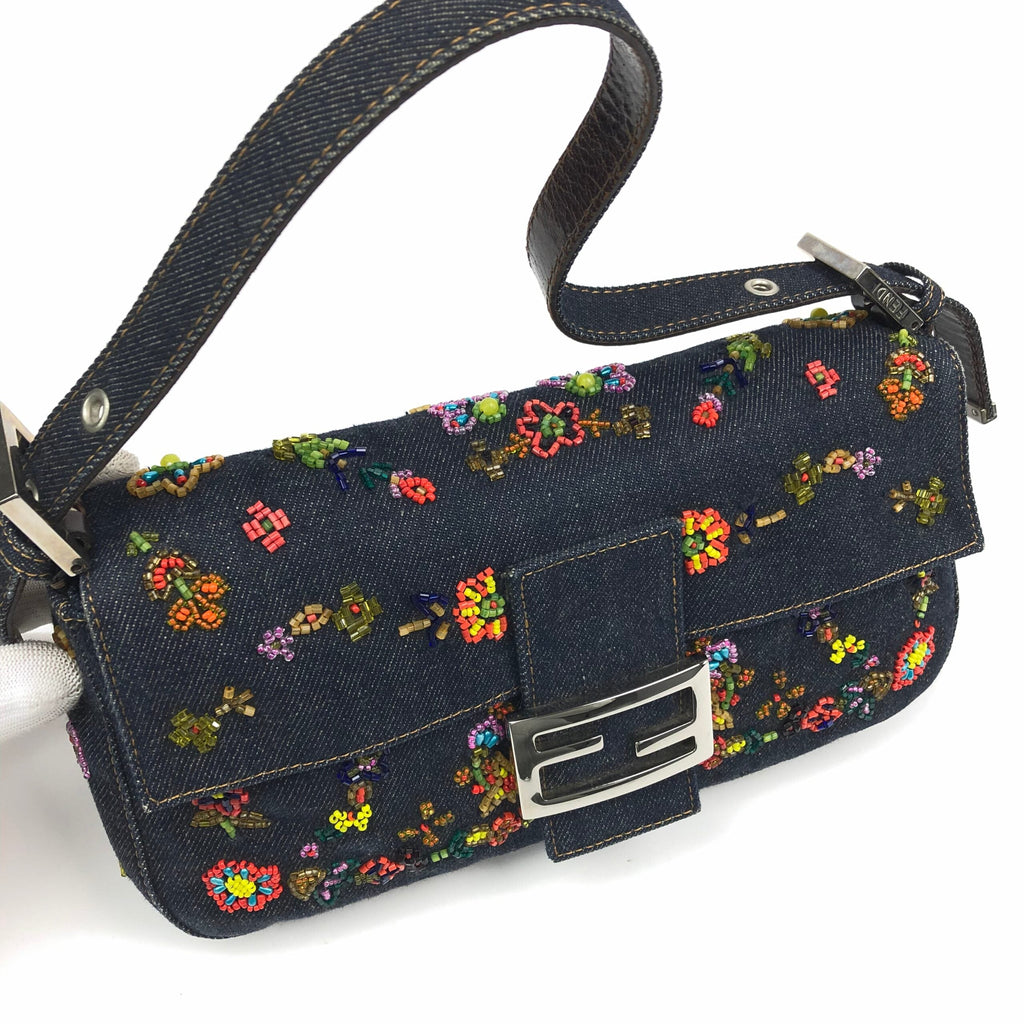 FENDI DENIM FLORAL BEADED BAGUETTE BAG