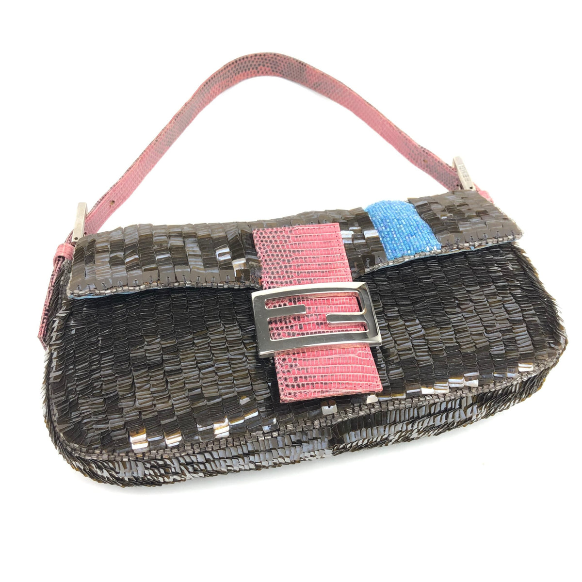 FENDI BEADED BAGUETTE BAG WITH EXOTIC LIZARD LEATHER DETAILING