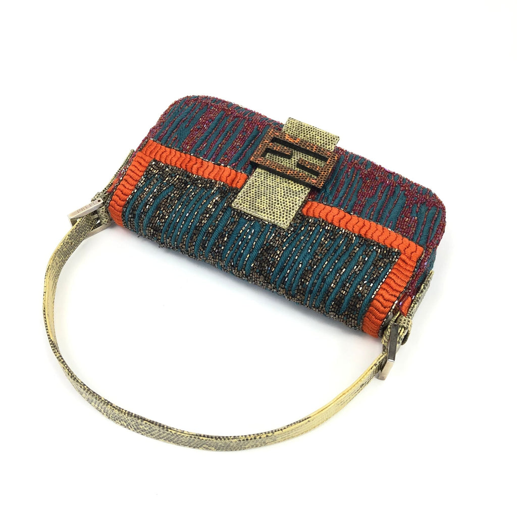 FENDI BEADED BAGUETTE BAG WITH EXOTIC LIZARD DETAILING