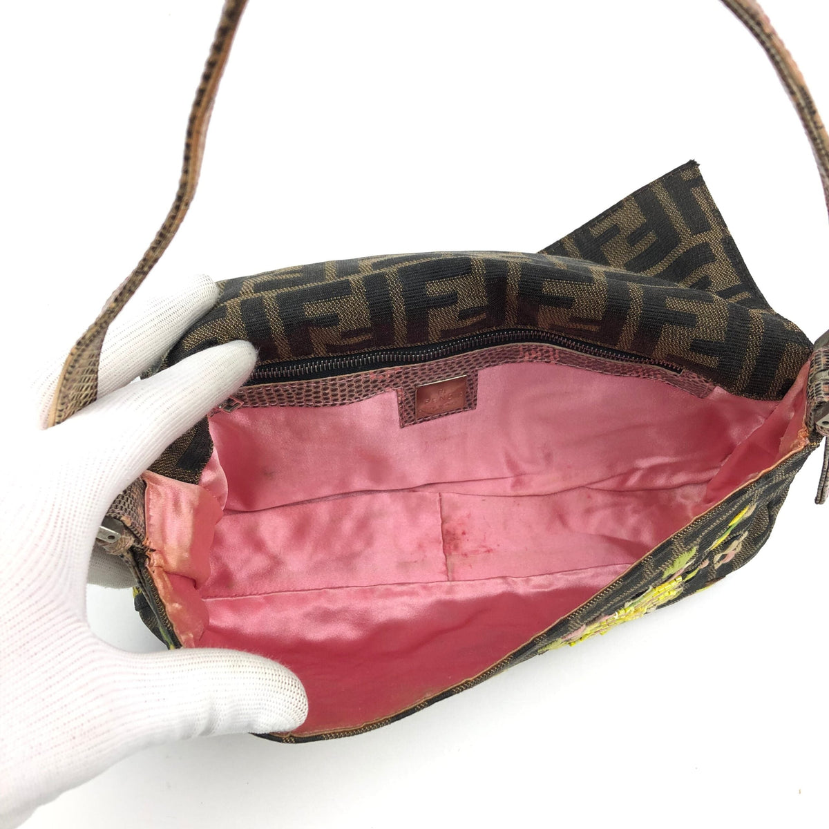 FENDI ZUCCA BEADED BAGUETTE BAG WITH EXOTIC LIZARD DETAILING