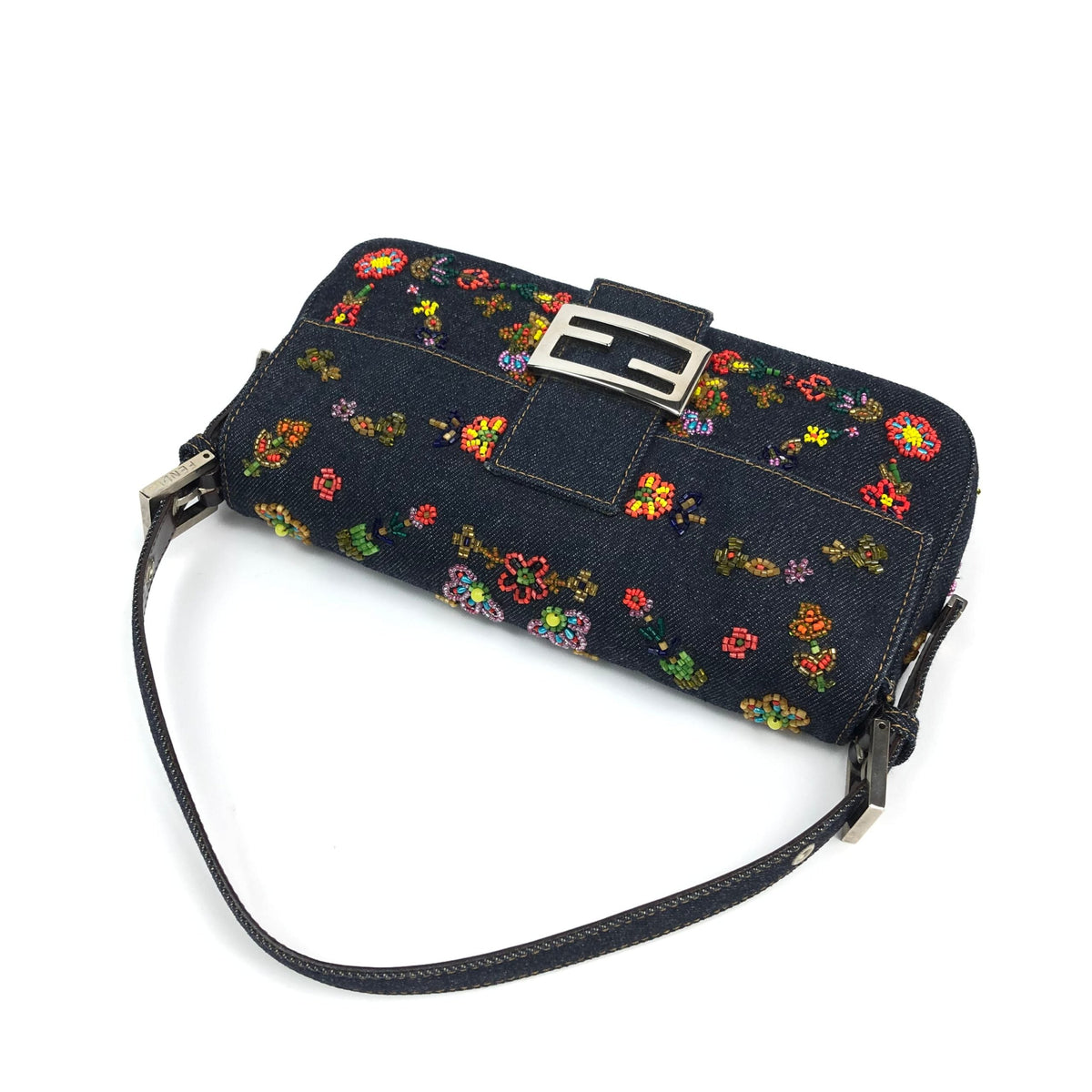 FENDI DENIM FLORAL BEADED BAGUETTE BAG