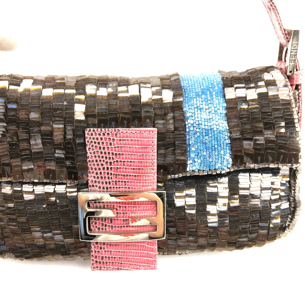 FENDI BEADED BAGUETTE BAG WITH EXOTIC LIZARD LEATHER DETAILING