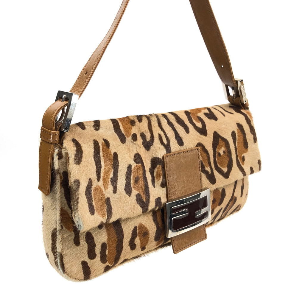 FENDI LEOPARD CALF HAIR BAGUETTE SHOULDER BAG