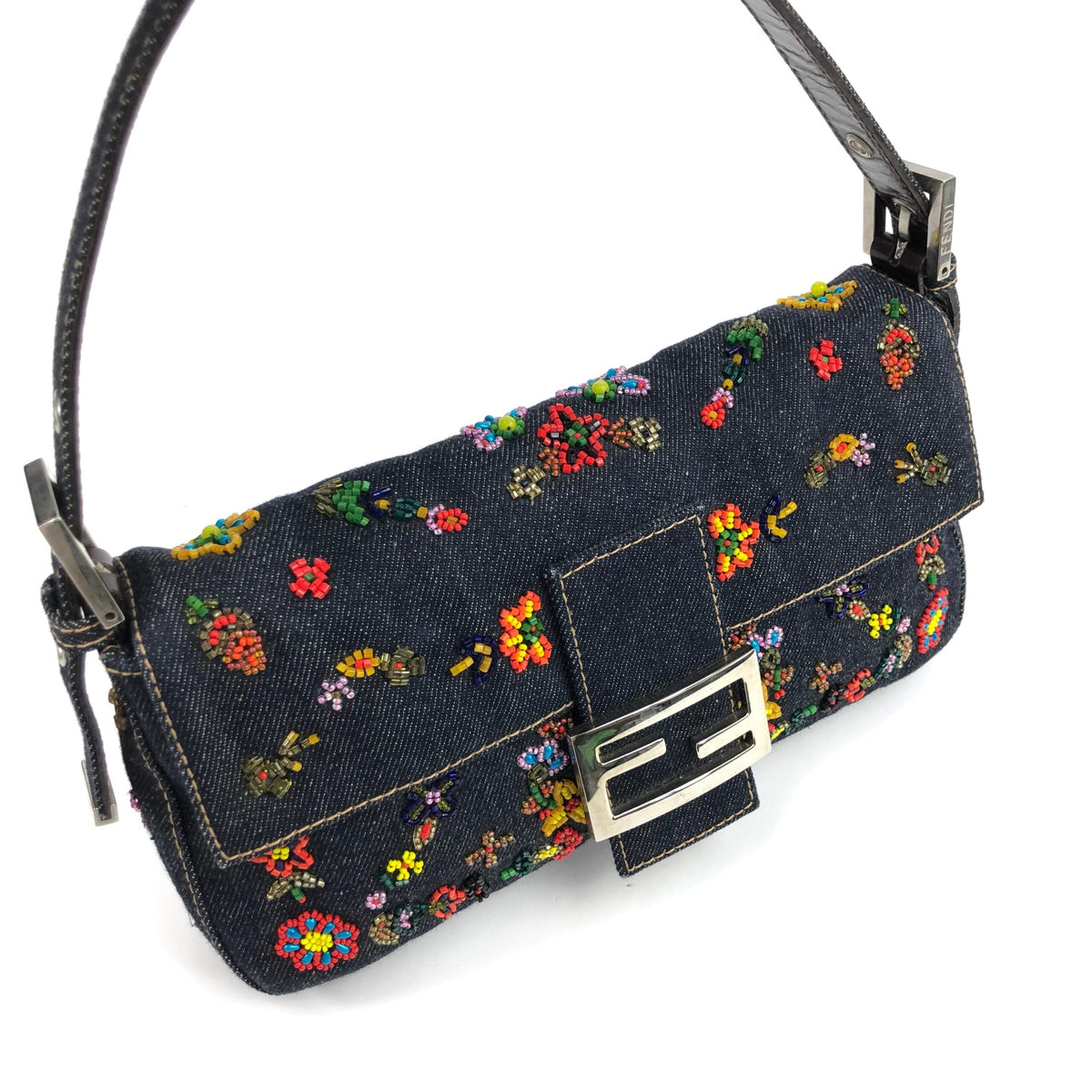 FENDI DENIM FLORAL BEADED BAGUETTE BAG