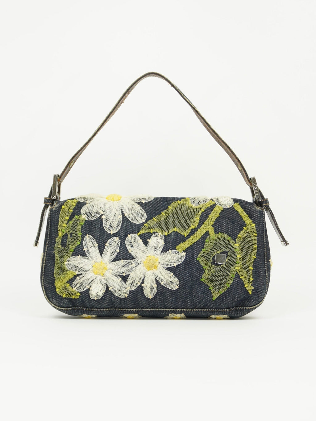 FENDI DENIM BAGUETTE WITH FLOWER DETAILING