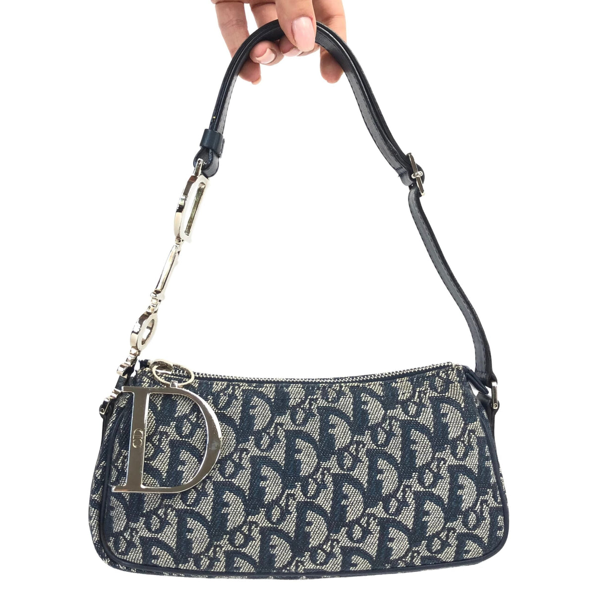 CHRISTIAN DIOR MONOGRAM SHOULDER BAG WITH SILVER DETAILING