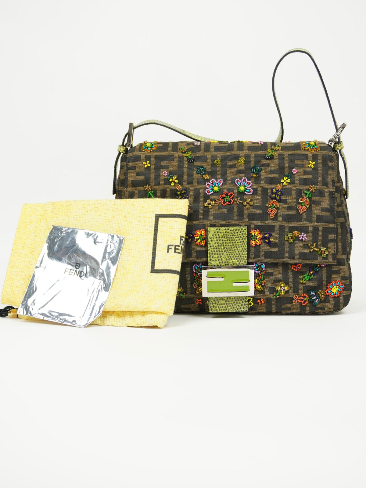 FENDI MAMA BEADED BAGUETTE WITH LIZARD TRIM