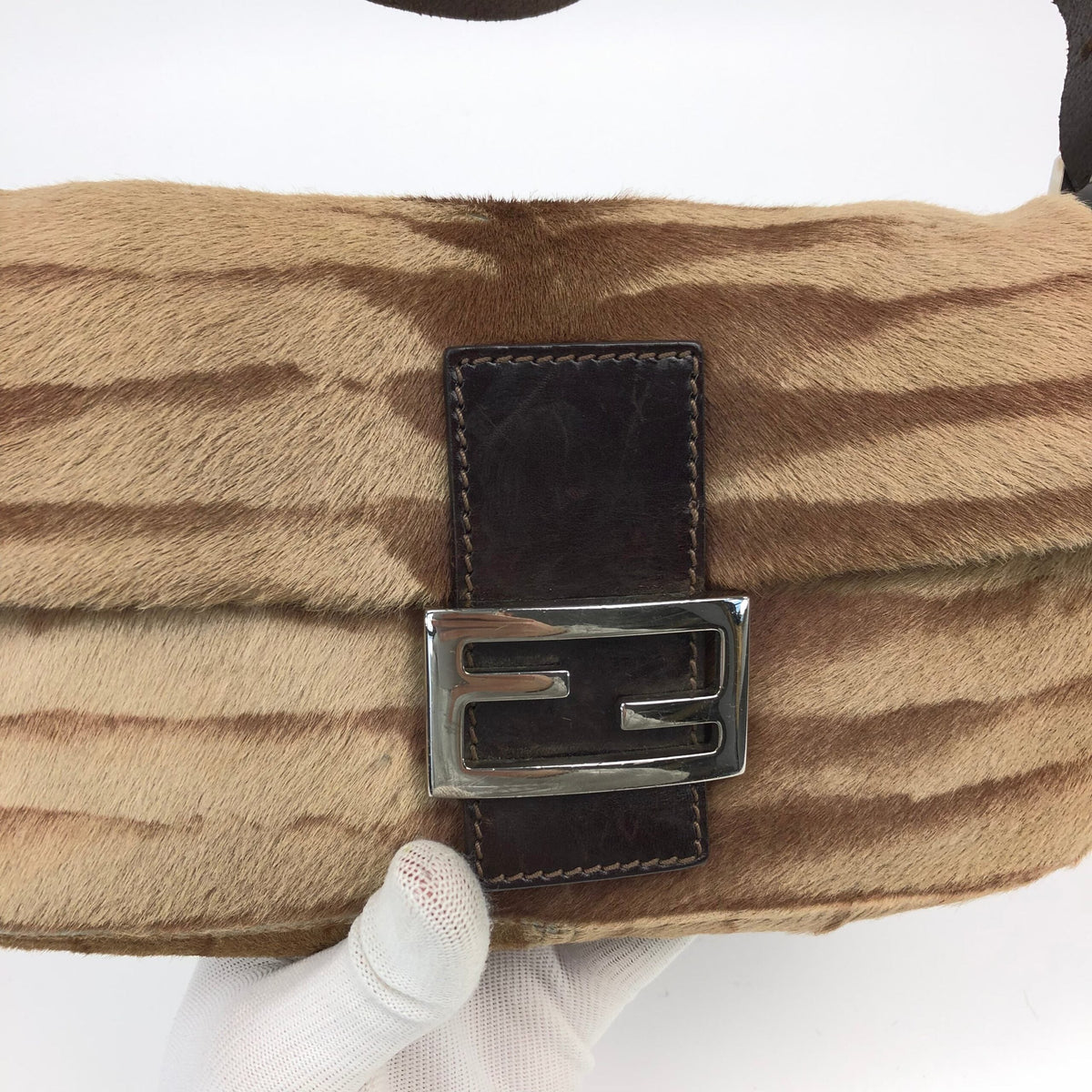 FENDI CALF HAIR BAGUETTE SHOULDER BAG