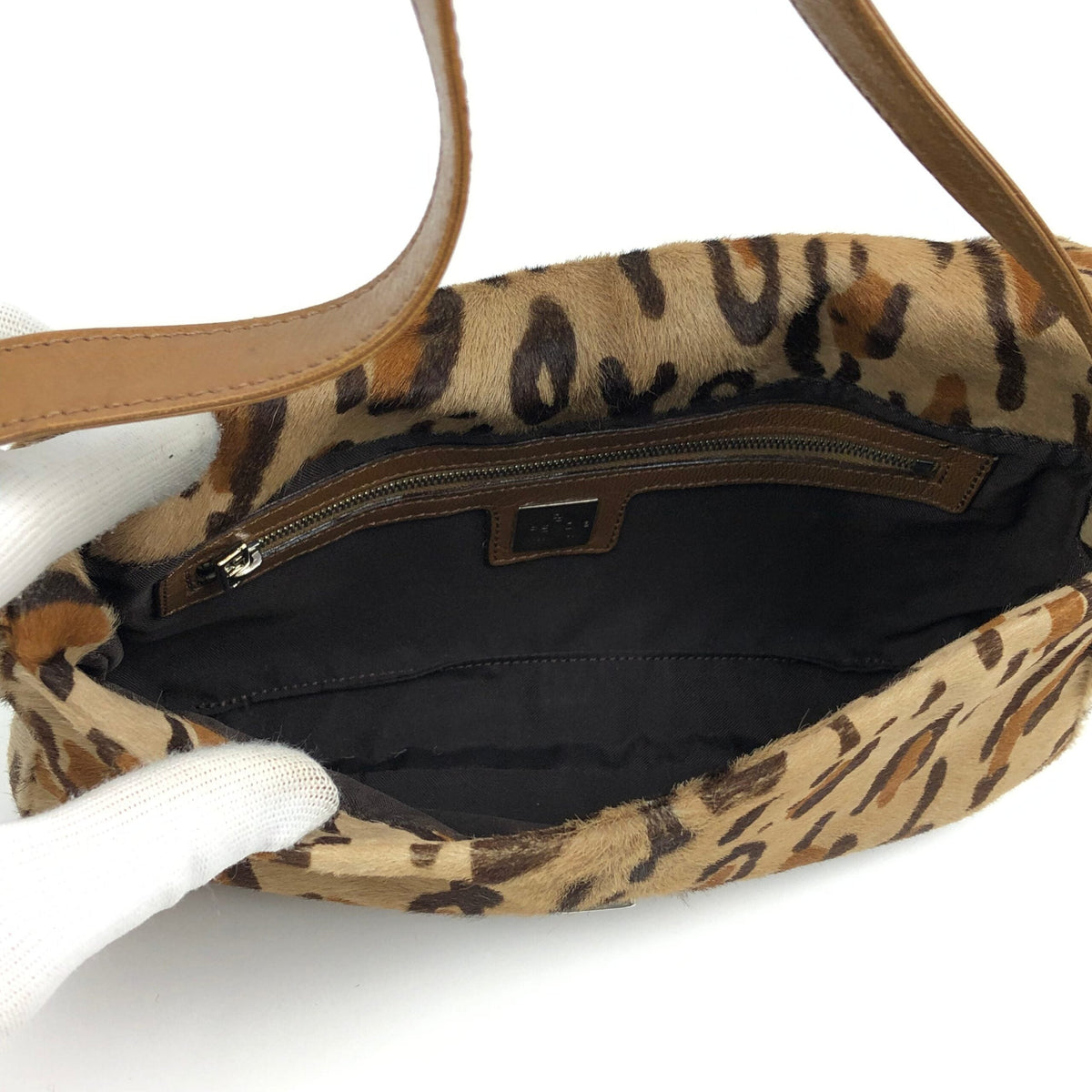 FENDI LEOPARD CALF HAIR BAGUETTE SHOULDER BAG