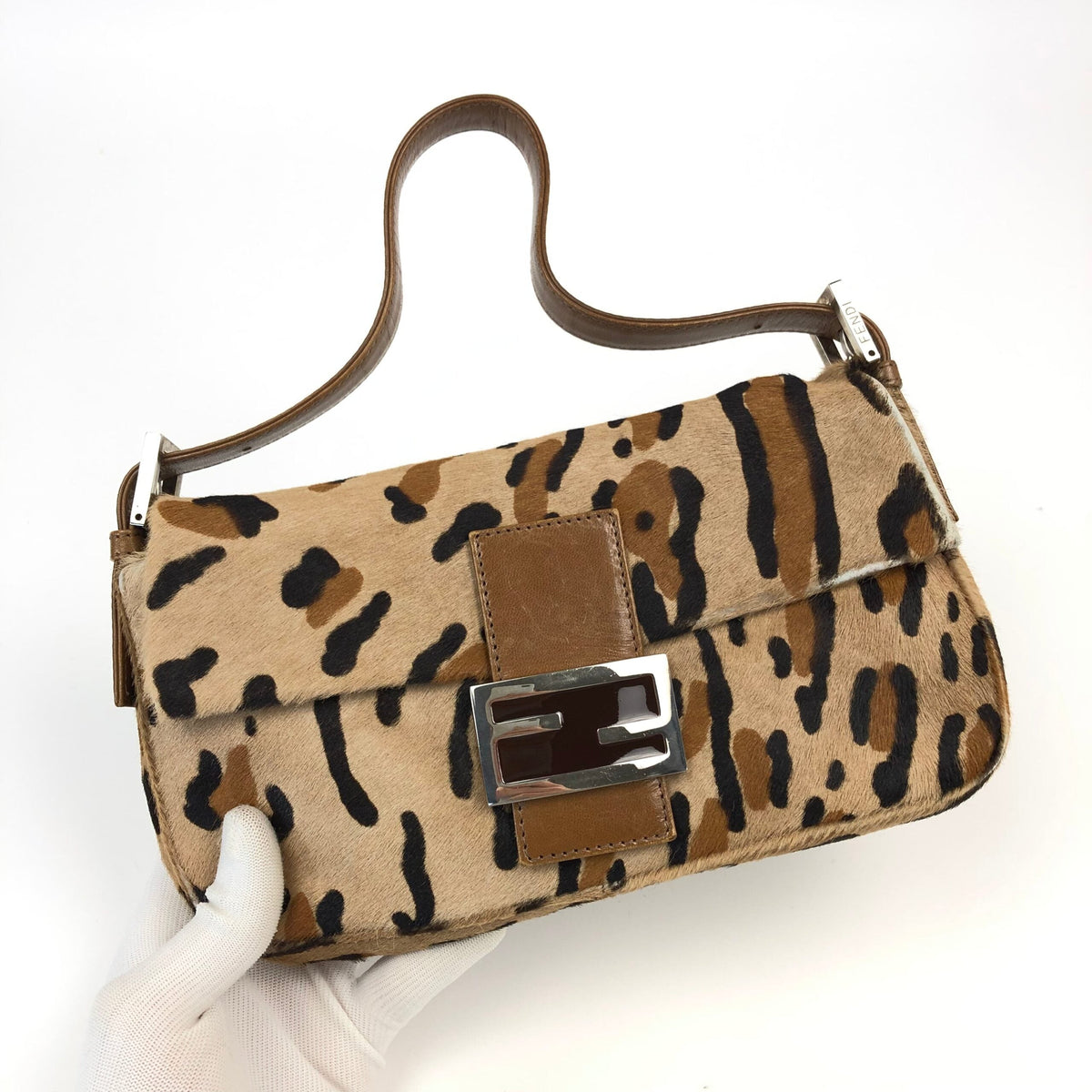 FENDI LEOPARD CALF HAIR BAGUETTE SHOULDER BAG