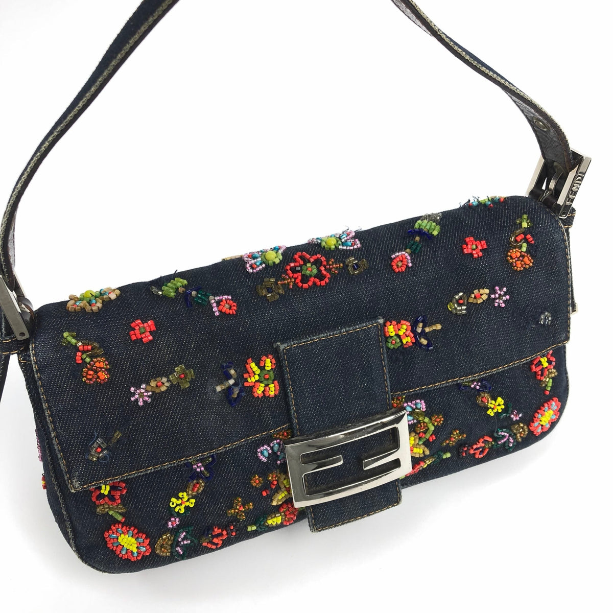 FENDI DENIM FLORAL BEADED BAGUETTE BAG