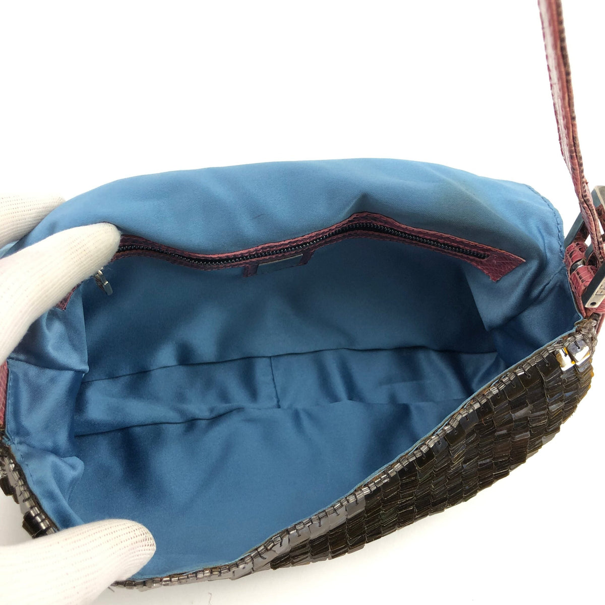 FENDI BEADED BAGUETTE BAG WITH EXOTIC LIZARD LEATHER DETAILING