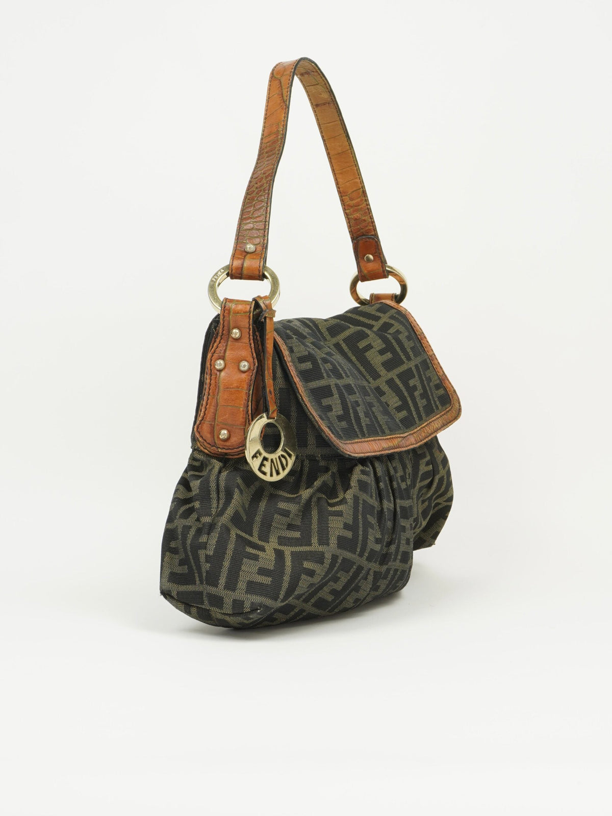 FENDI ZUCCA SHOULDER BAG WITH CROCODILE EMBOSSED TRIM