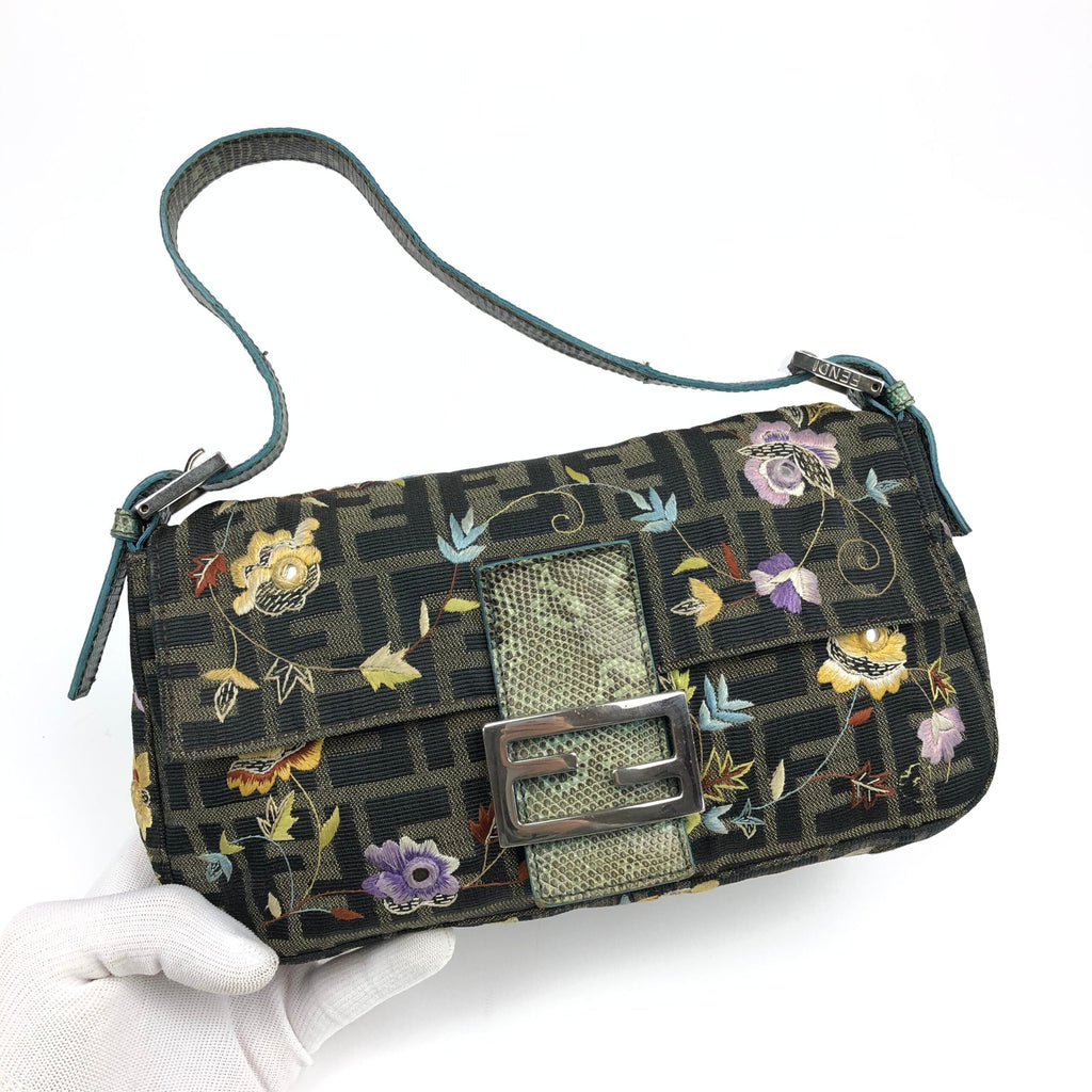FENDI ZUCCA FLORAL EMBROIDERED BAGUETTE BAG WITH EXOTIC LIZARD DETAILING