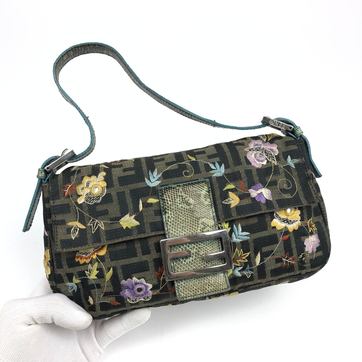 FENDI ZUCCA FLORAL EMBROIDERED BAGUETTE BAG WITH EXOTIC LIZARD DETAILING