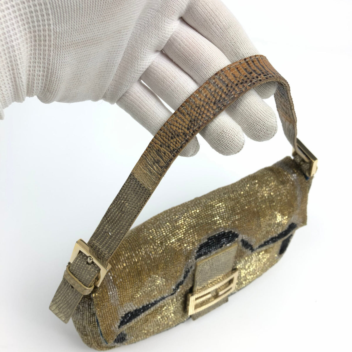 FENDI BEADED GOLD BAGUETTE BAG
