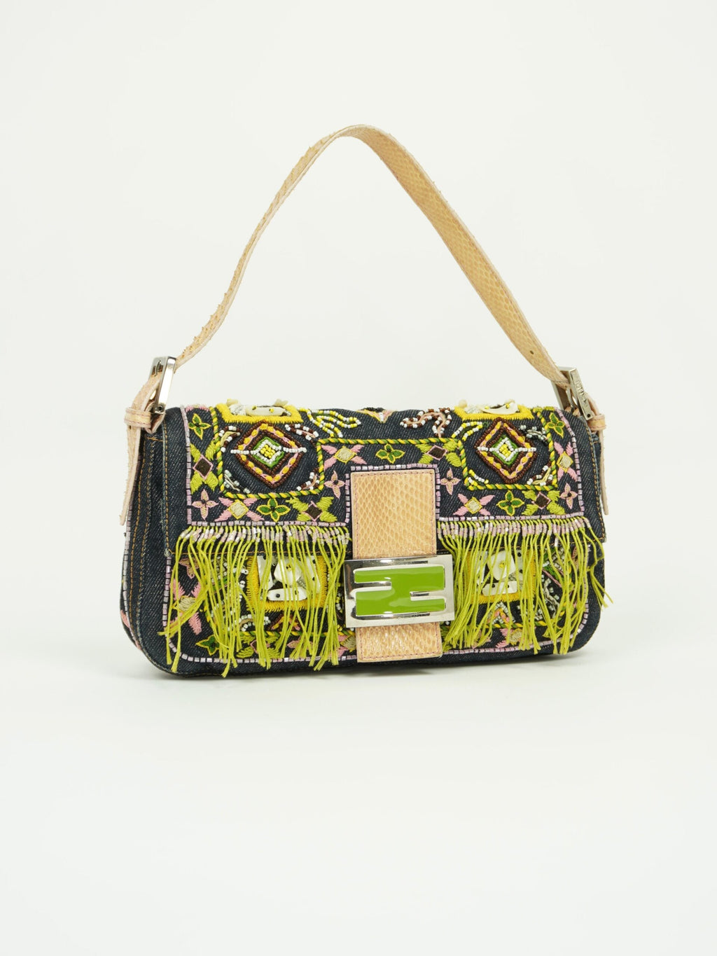 FENDI DENIM BEADED BAGUETTE WITH LIZARD TRIM