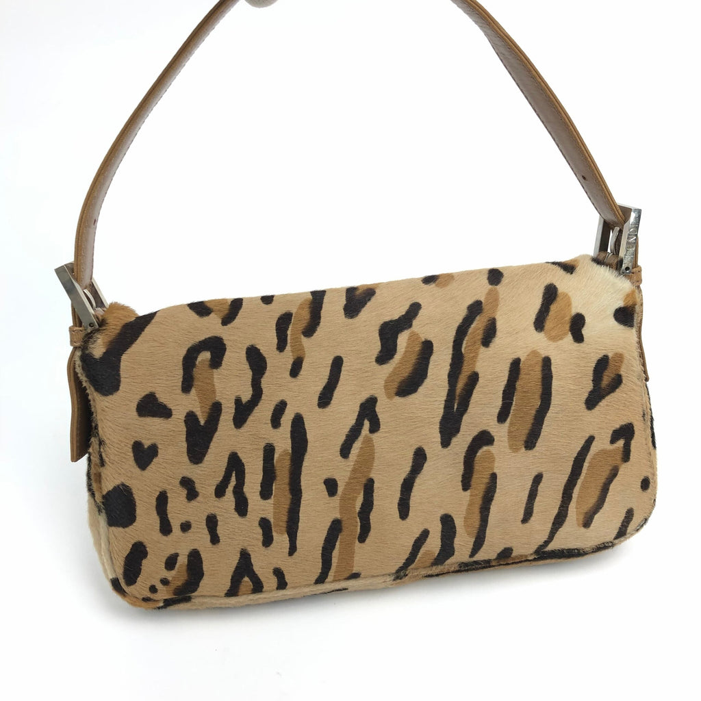 FENDI LEOPARD CALF HAIR BAGUETTE SHOULDER BAG