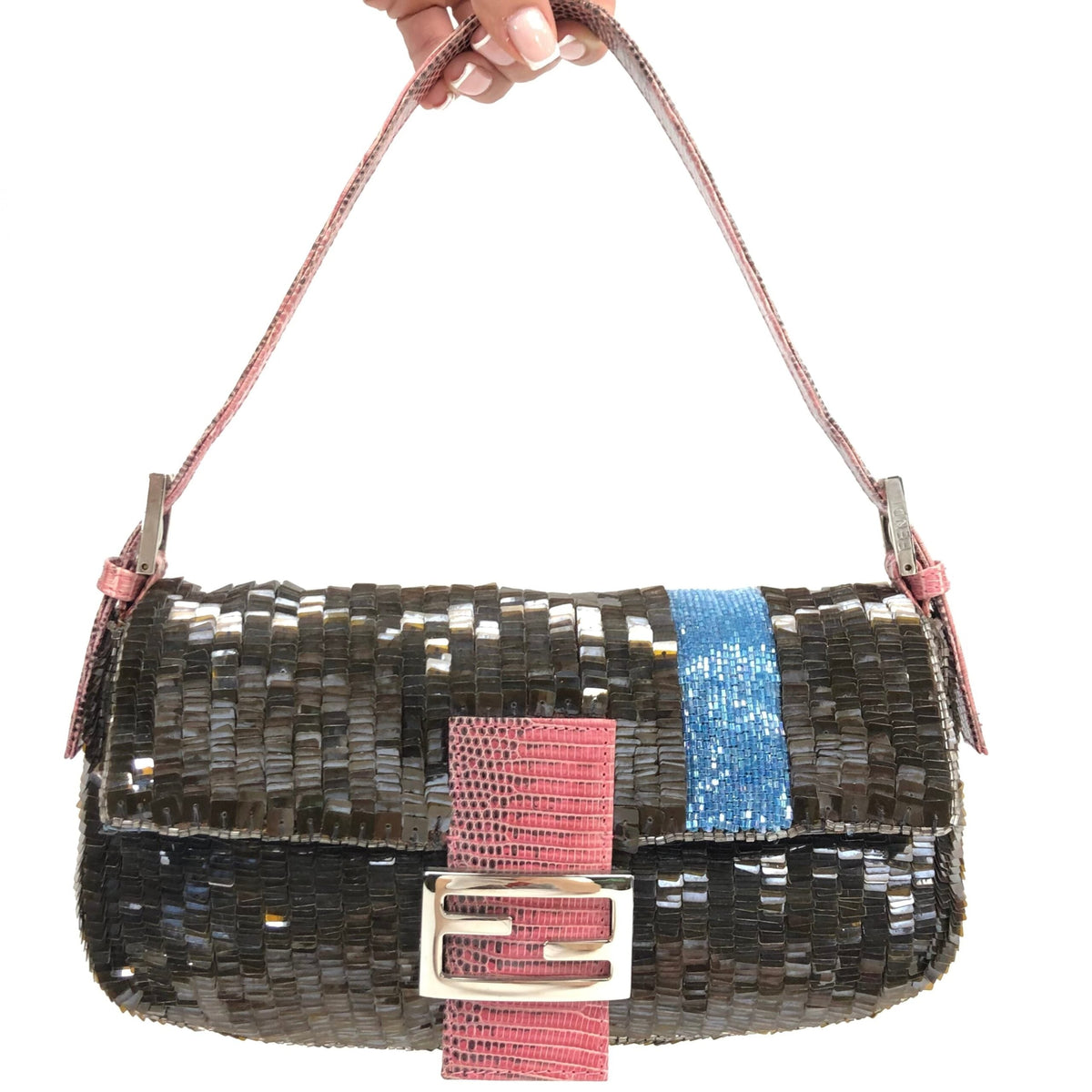 FENDI BEADED BAGUETTE BAG WITH EXOTIC LIZARD LEATHER DETAILING