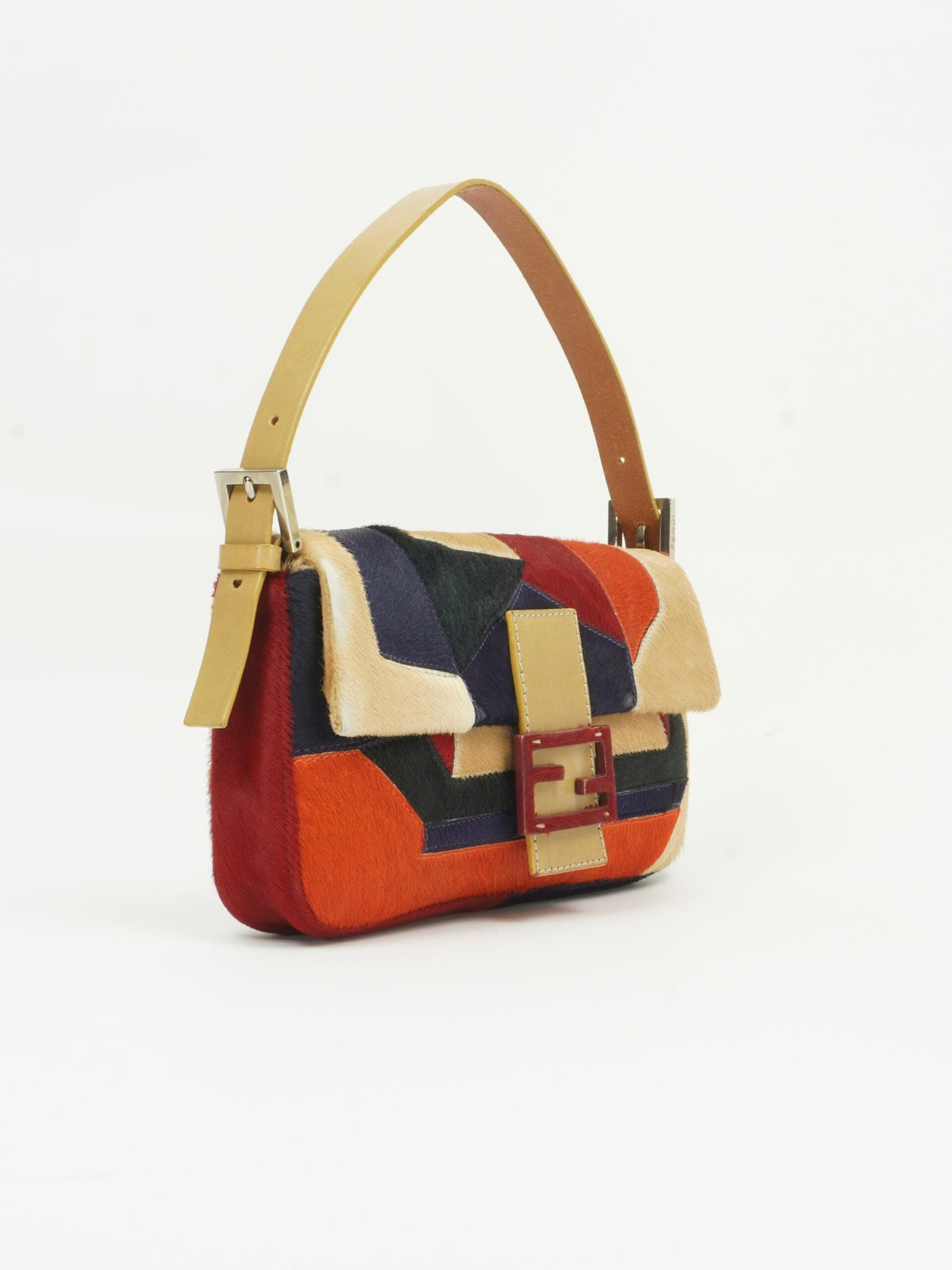 FENDI CALF HAIR PATCHWORK BAGUETTE BAG