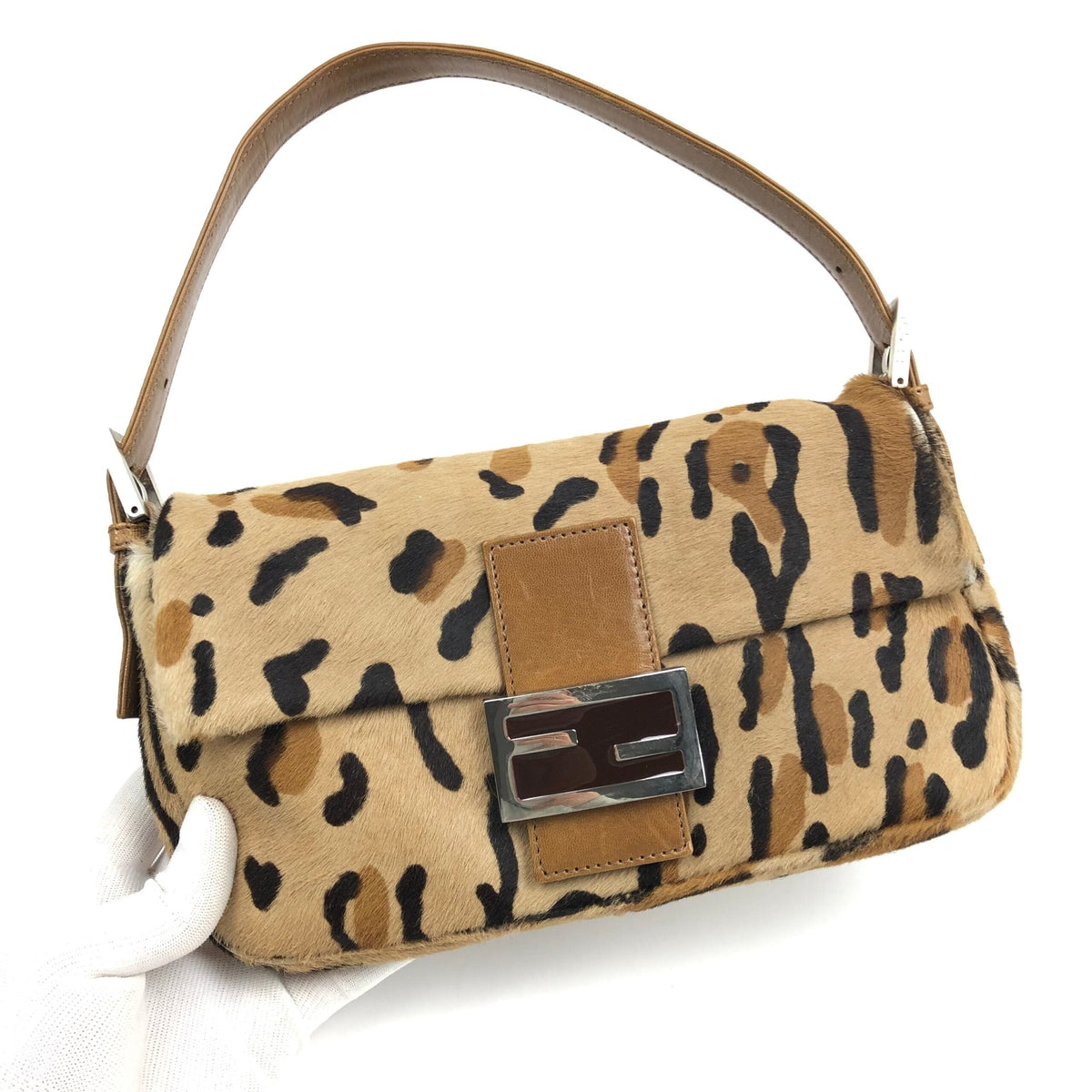 FENDI LEOPARD CALF HAIR BAGUETTE SHOULDER BAG