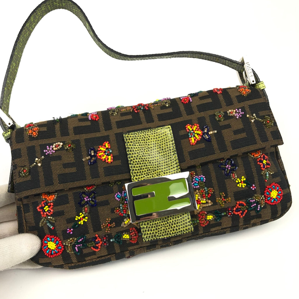 FENDI ZUCCA FLORAL BEADED BAGUETTE BAG WITH EXOTIC LIZARD DETAILING