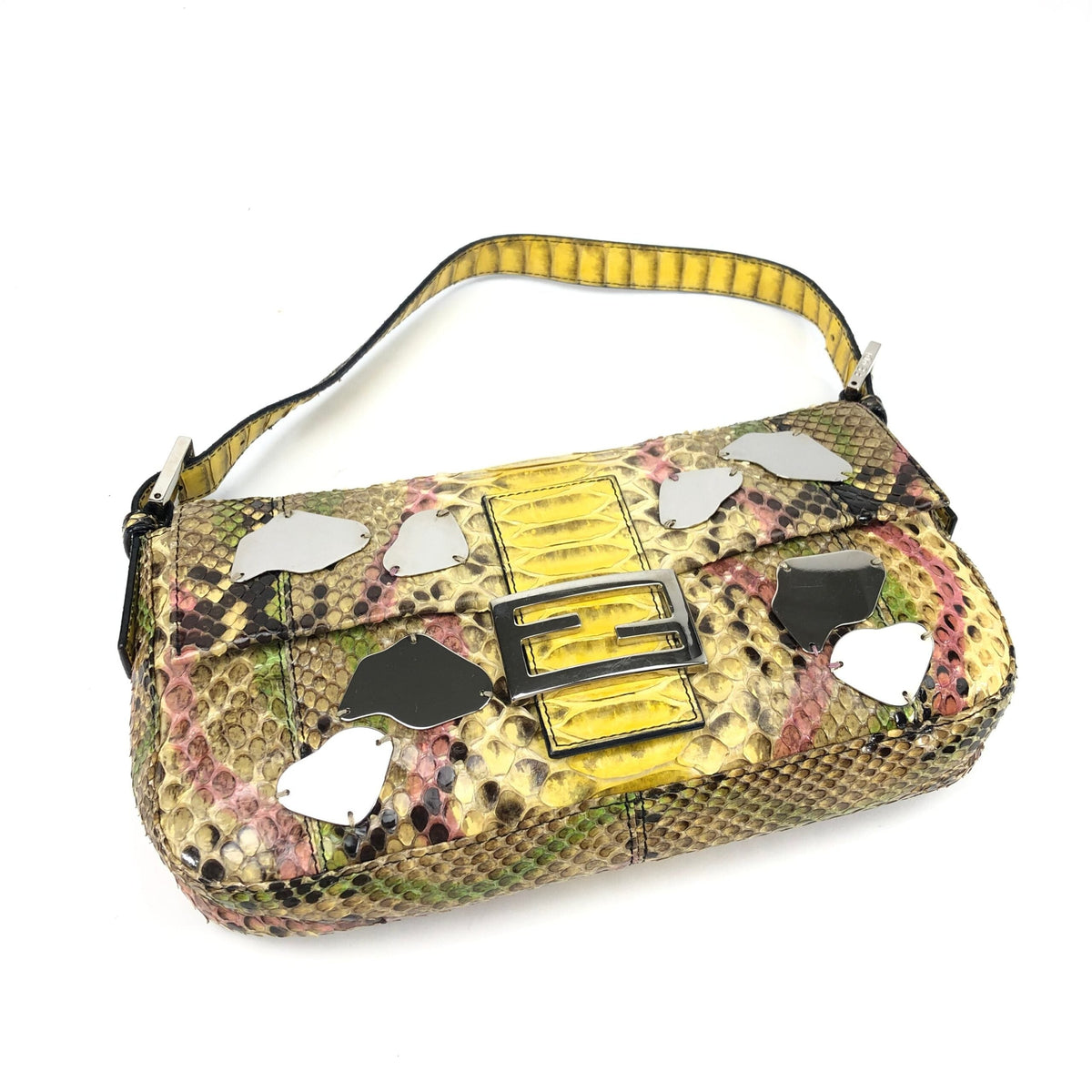 FENDI MULTI COLOUR PYTHON SNAKESKIN BAGUETTE SHOULDER BAG WITH METAL/MIRROR DETAILING