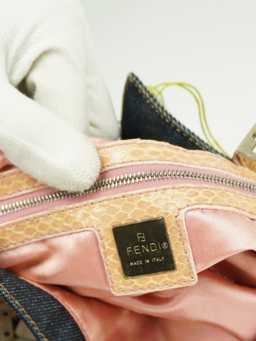 FENDI DENIM BEADED BAGUETTE WITH LIZARD TRIM
