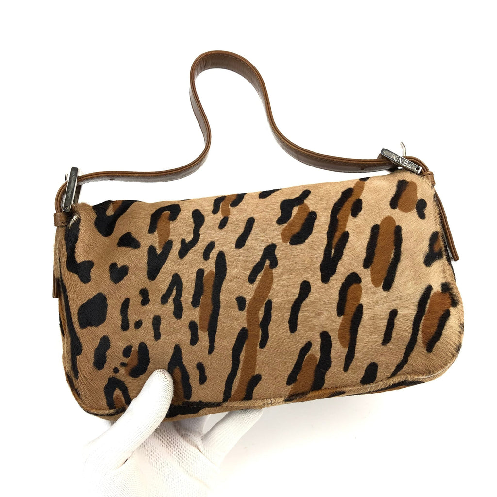 FENDI LEOPARD CALF HAIR BAGUETTE SHOULDER BAG