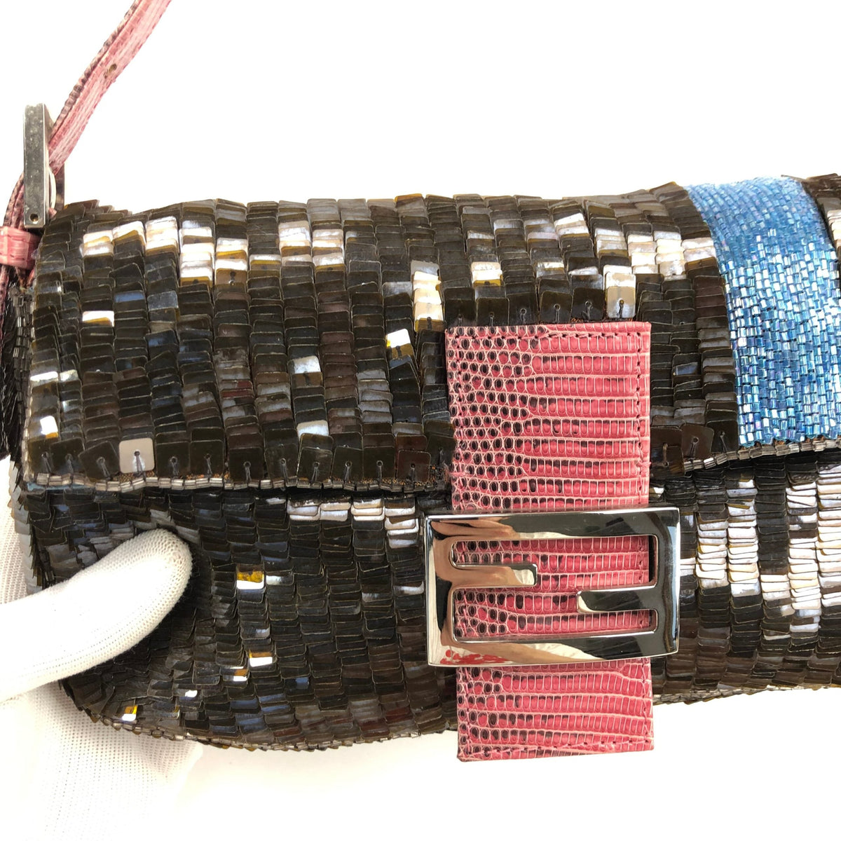 FENDI BEADED BAGUETTE BAG WITH EXOTIC LIZARD LEATHER DETAILING