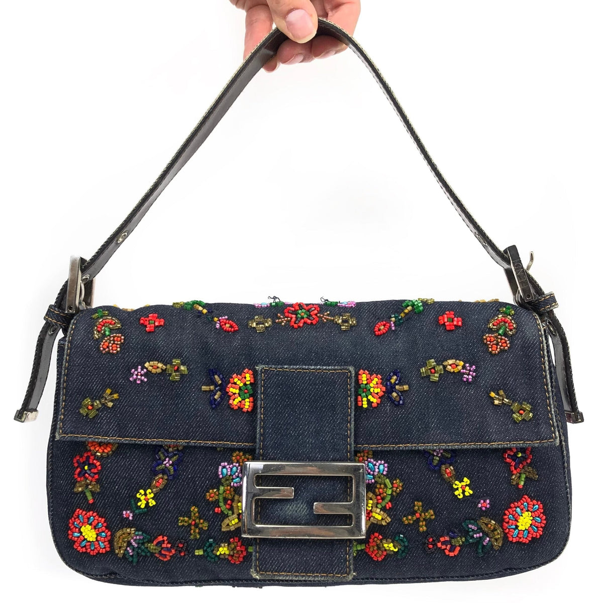 FENDI DENIM BEADED BAGUETTE BAG