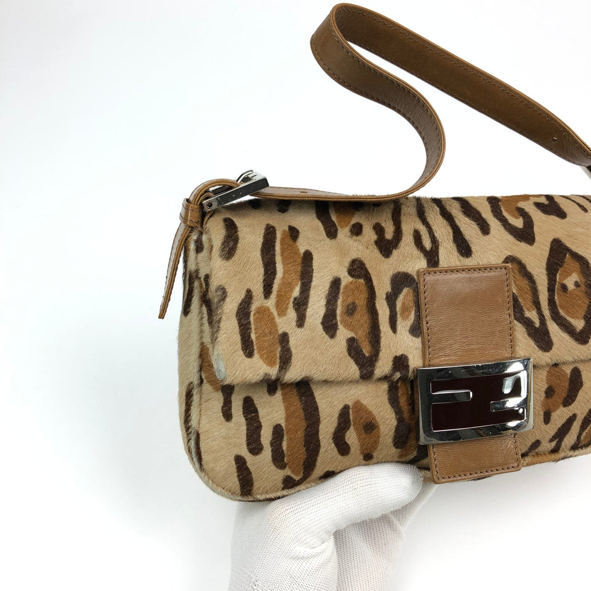 FENDI LEOPARD CALF HAIR BAGUETTE SHOULDER BAG